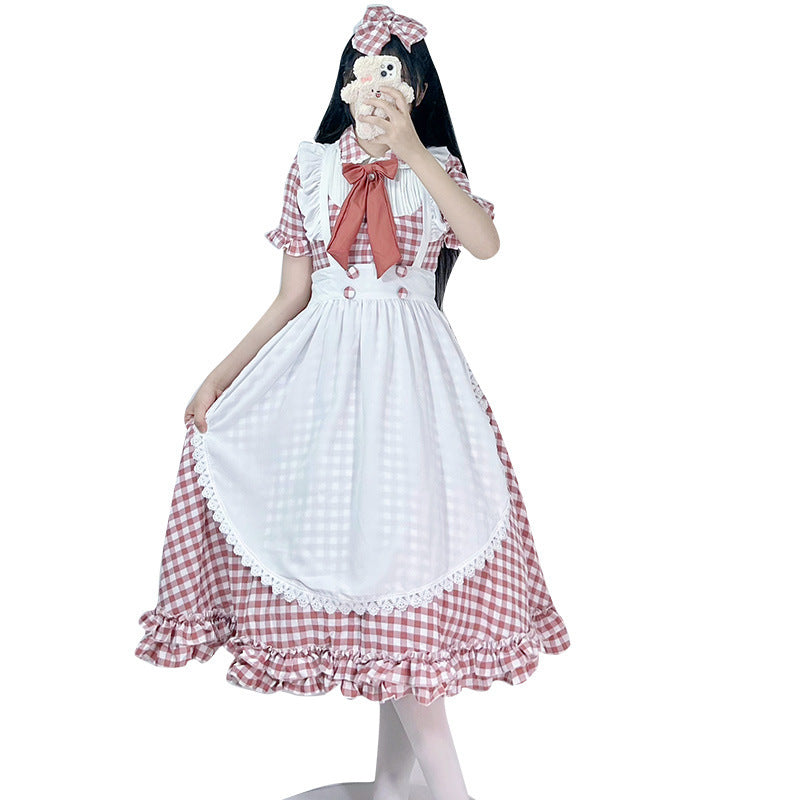 Damen nan vintage-inspiriertes Lolita-Kleid mit Karomuster Volants und abnehmbarer Schürze