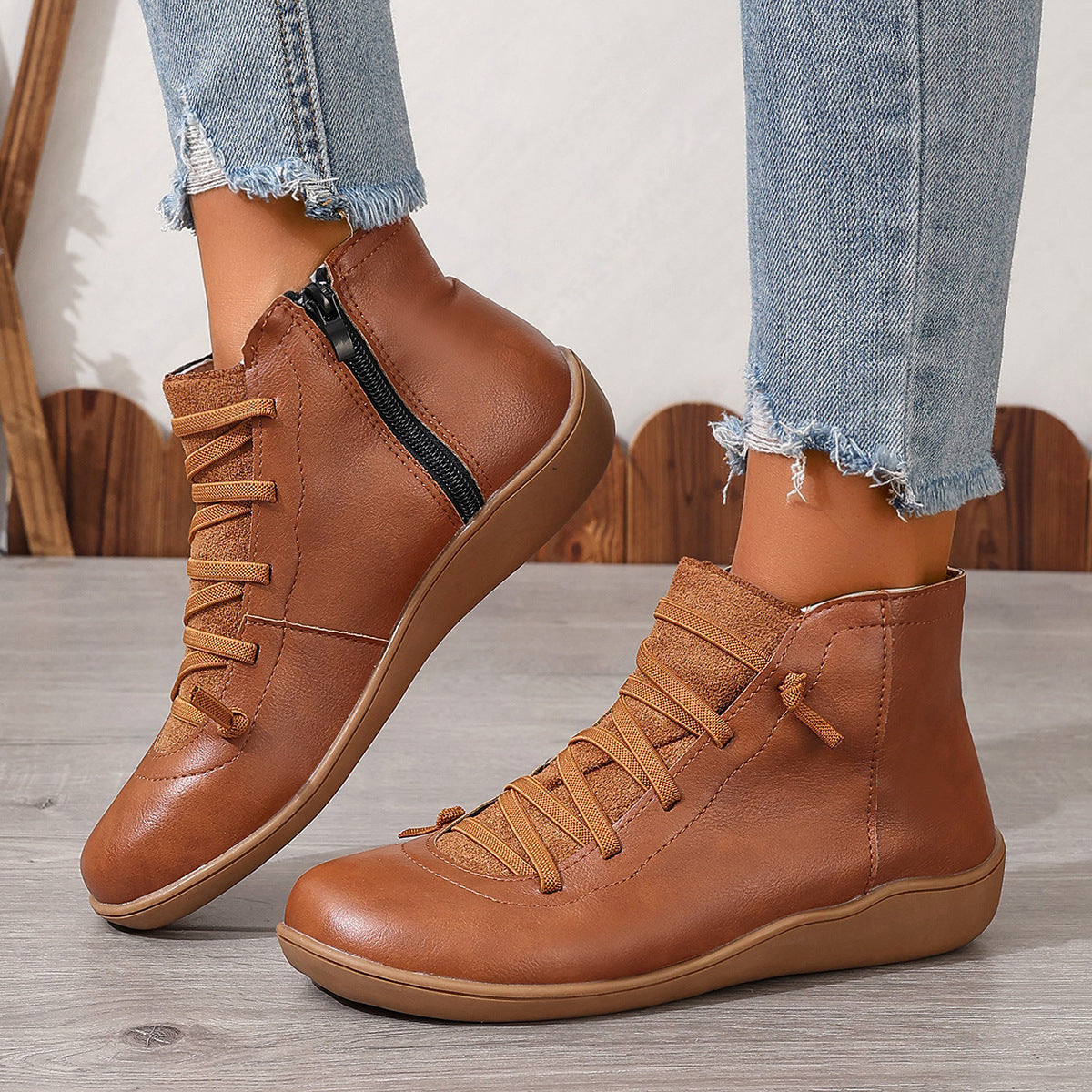 Damen nan sportliche knöchelhohe Schnürstiefelette mit seitlichem Reißverschluss und flexibler Gummisohle