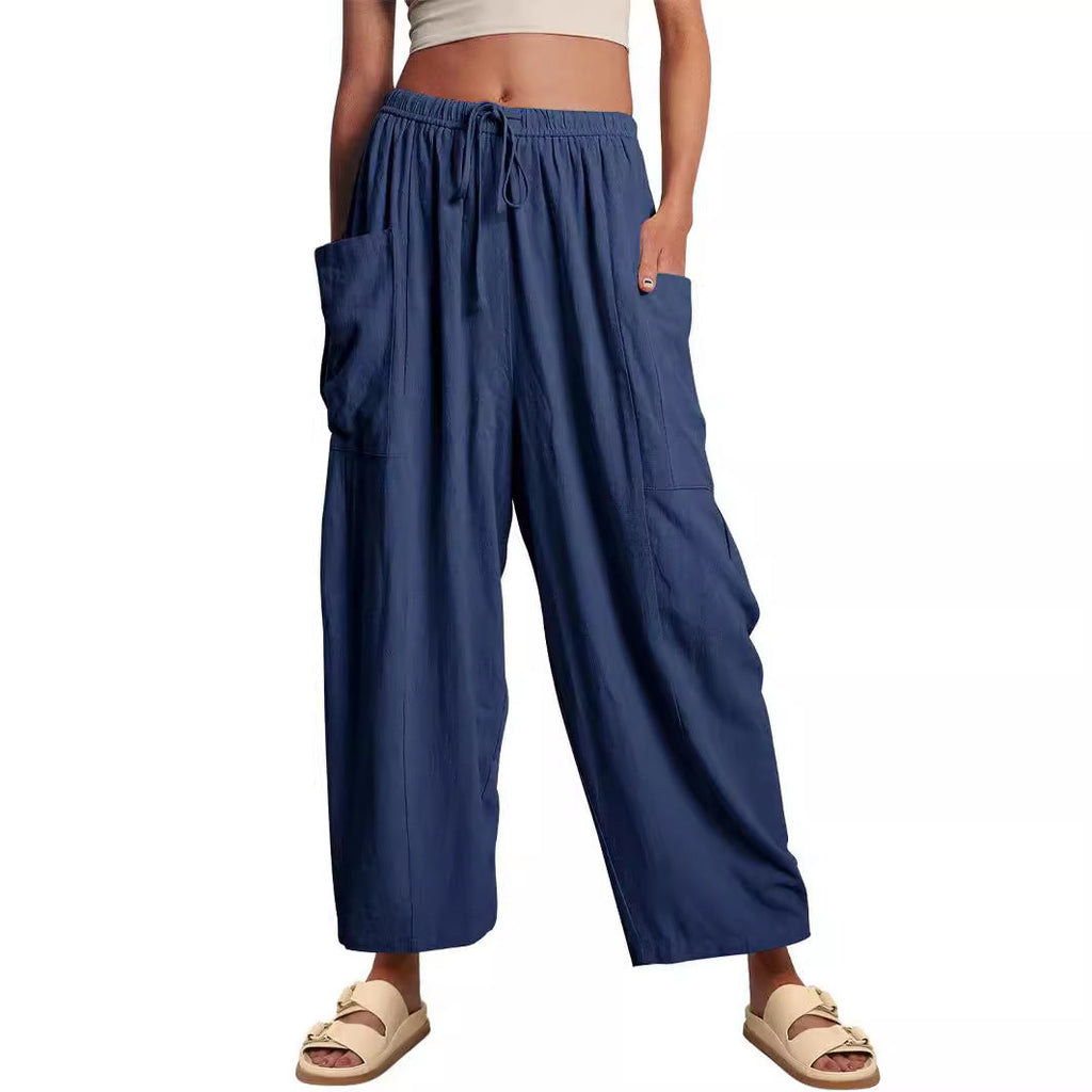 Damen nan weite Palazzohose aus leichtem Leinenmix mit Tunnelzug und seitlicher Tasche