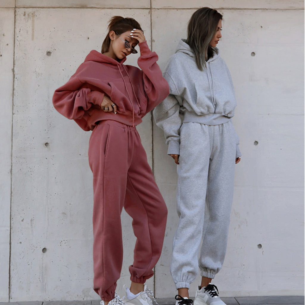 Damen nan kuscheliges kurzes Kapuzenpullover- und hochgeschnittene Jogginghose Set