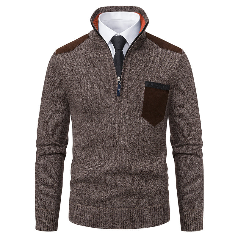 Herren nan Feinstrick-Halbzip-Pullover mit Stehkragen, Brusttasche und Schulterbesatz