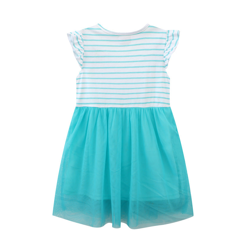 Mädchen Tüllkleid mit buntem Einhorn-Motiv und gestreiftem Oberteil