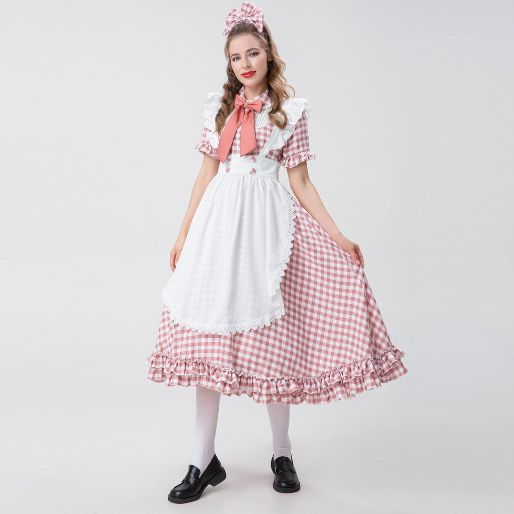 Damen nan Vintage-inspiriertes Karo-Swingkleid mit abnehmbarer Schürze, Rüschenärmeln und Schleifenkragen