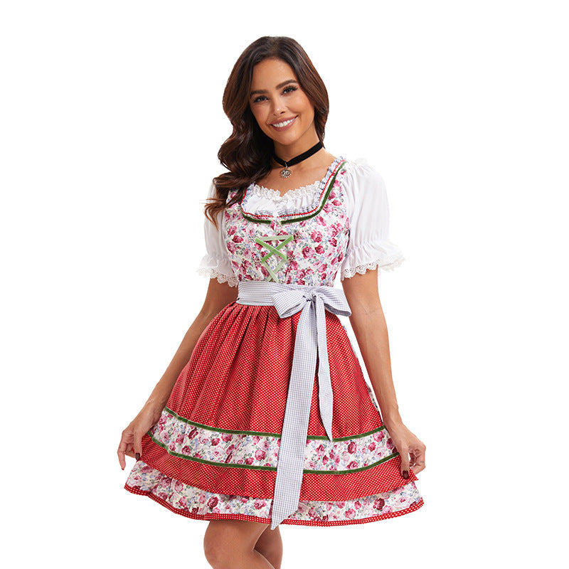 Damen nan kurzes traditionelles Dirndlkleid mit Spitzenbluse, Schnürung und dekorativer Schürze