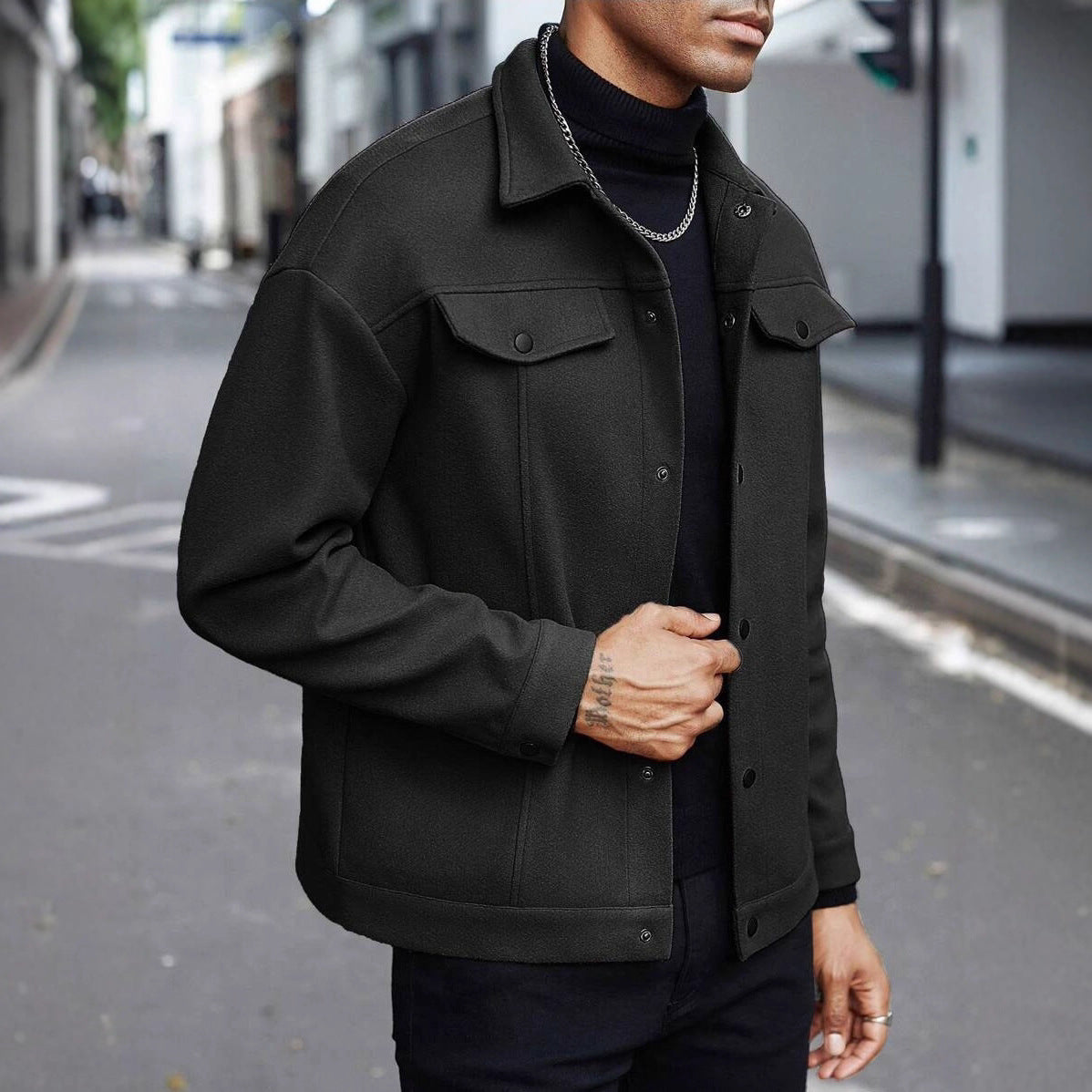 Herren nan Wolloptik-Overshirt Jacke im Shacket-Stil mit Brustklappen und Druckknopfleiste
