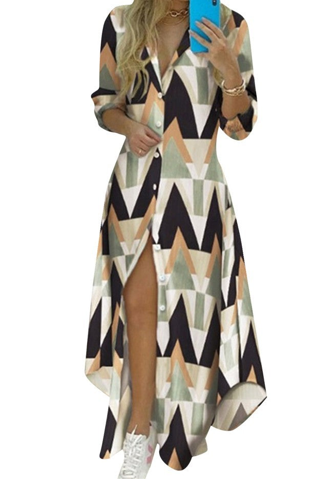 Damen nan knopfbares Maxi-Hemdkleid mit geometrischem Muster, V-Ausschnitt, Kentkragen und hohem Beinschlitz