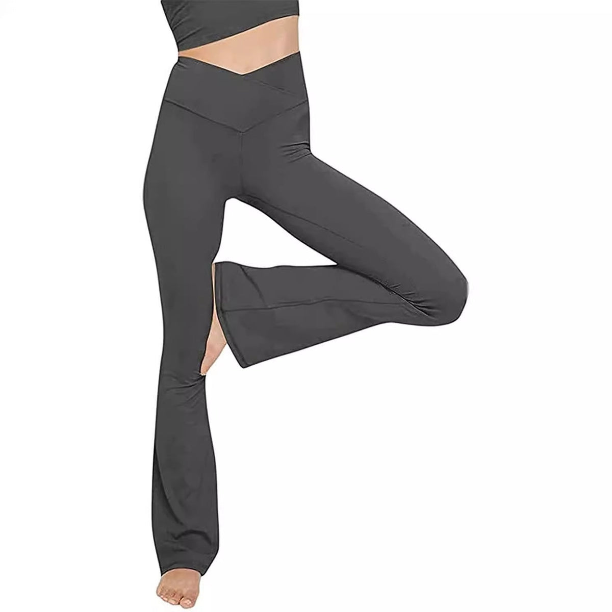 Damen nan taillenhohe Yogahose mit überkreuztem Bund und ausgestelltem Saum mit Schlitz