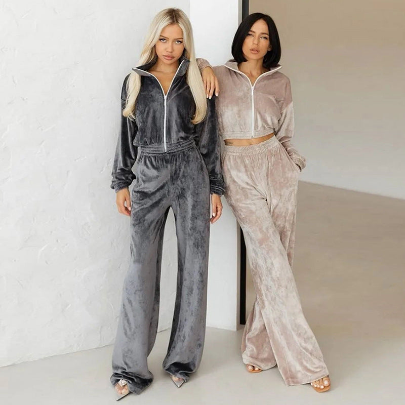 Damen nan Cropped Velours-Joggingset mit halbem Reißverschluss, gerafftem Komfortbund und breiten Bündchen