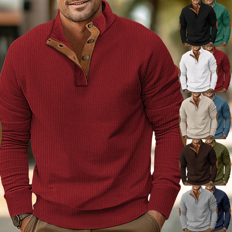 Herren nan strukturiertes Rugby-Pullover mit Stehkragen, Knopfleiste und Leder-Ellenbogenpatches