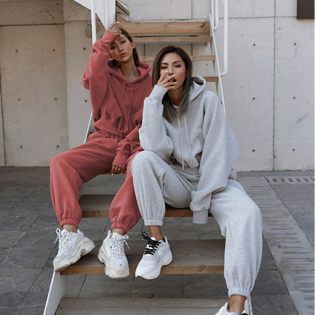 Damen nan kuscheliges kurzes Kapuzenpullover- und hochgeschnittene Jogginghose Set
