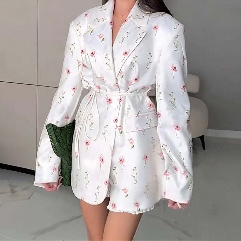 Damen nan taillierter Blumenblazer mit Bindegürtel und Reverskragen