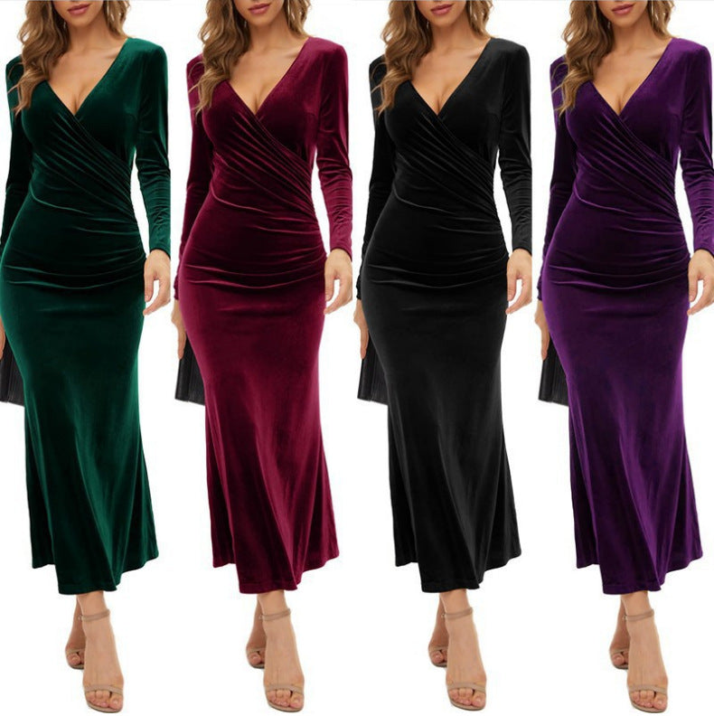 Damen nan elegantes Wickel-Maxikleid aus Samt mit V-Ausschnitt und figurformender Raffung