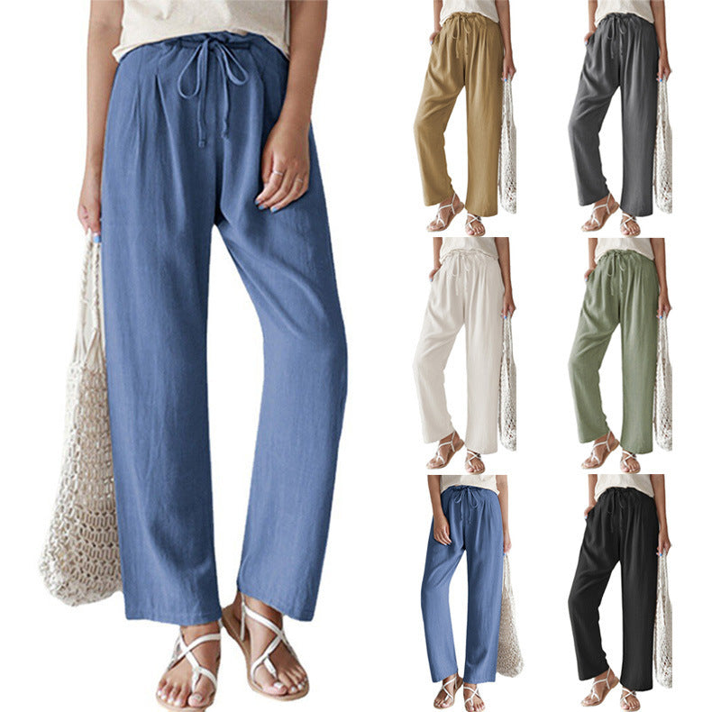 Damen nan lässige Leinenhose mit weitem Bein, elastischem Bund und Seitentaschen