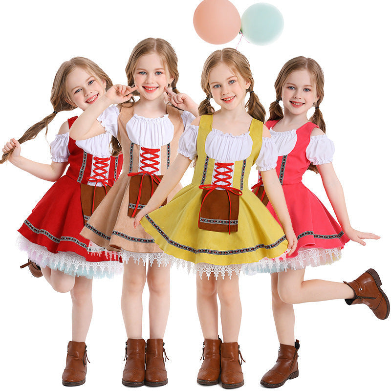 Damen nan traditionelles Kinderdirndl mit Schnürmieder, Spitzenunterrock und dekorativer Schürze