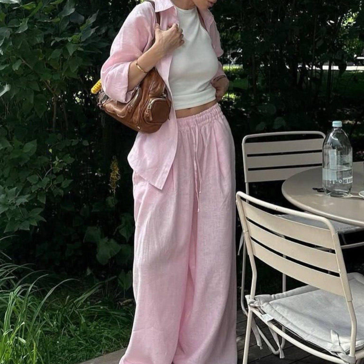Damen nan luftiges Leinen-Loungeset mit Oversize-Hemd und weiter Bundhose mit Gummizug