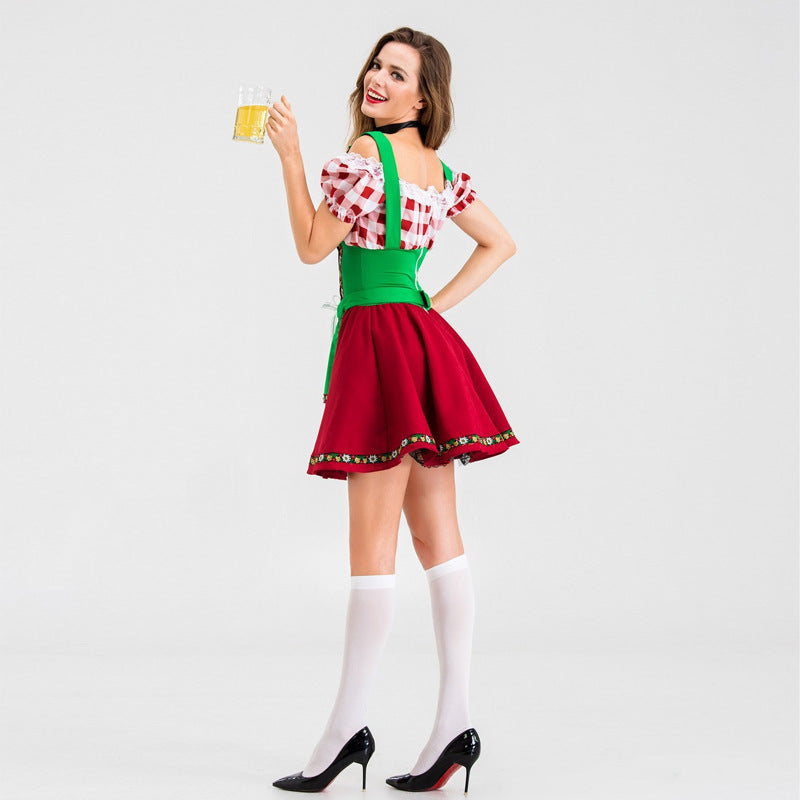 Damen nan Party-Dirndl Minikleid im Oktoberfeststil mit verstellbaren Trägern, Spitzenbesatz und bestickter Schürzenapplikation