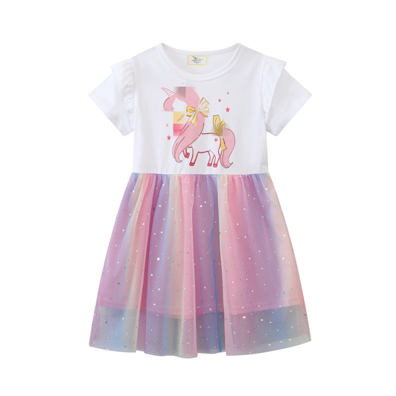 Mädchen Tüllkleid mit Einhorn-Applikation und buntem Glitzertüll