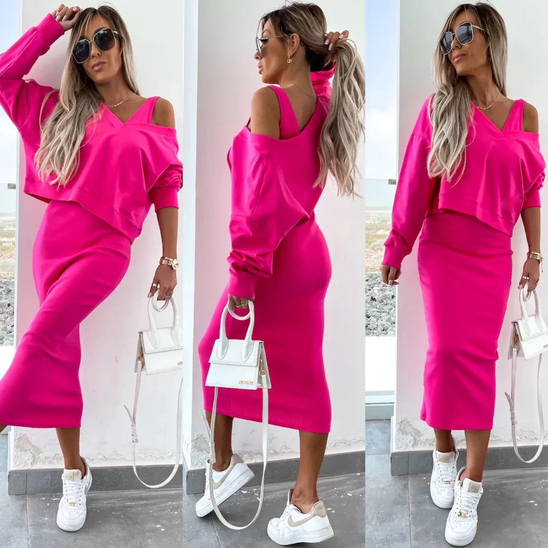 Damen nan zweiteiliges Midirock-Set mit off-shoulder Oversize-Sweatshirt und figurbetontem Bleistiftrock