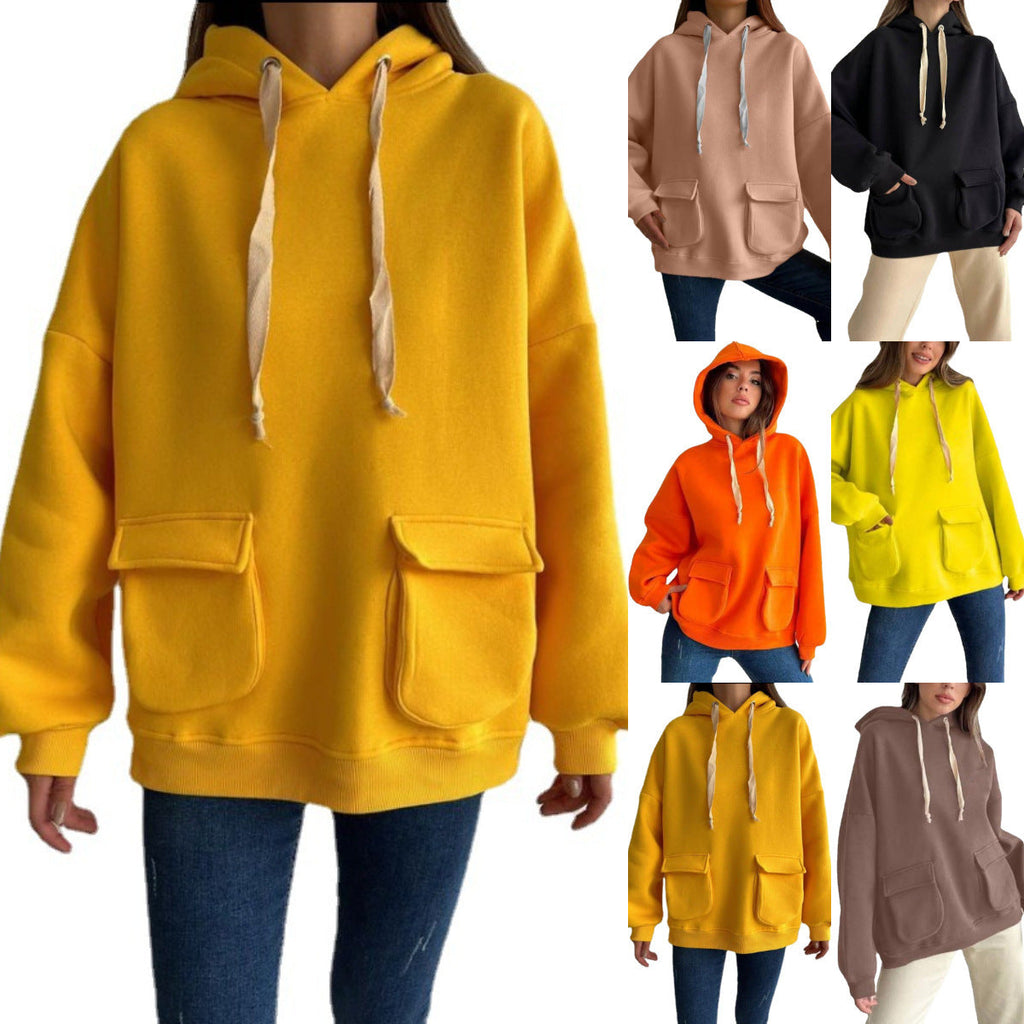 Damen nan Oversize-Kapuzenpullover mit aufgesetzten Klappentaschen und extra-langen Kordeln