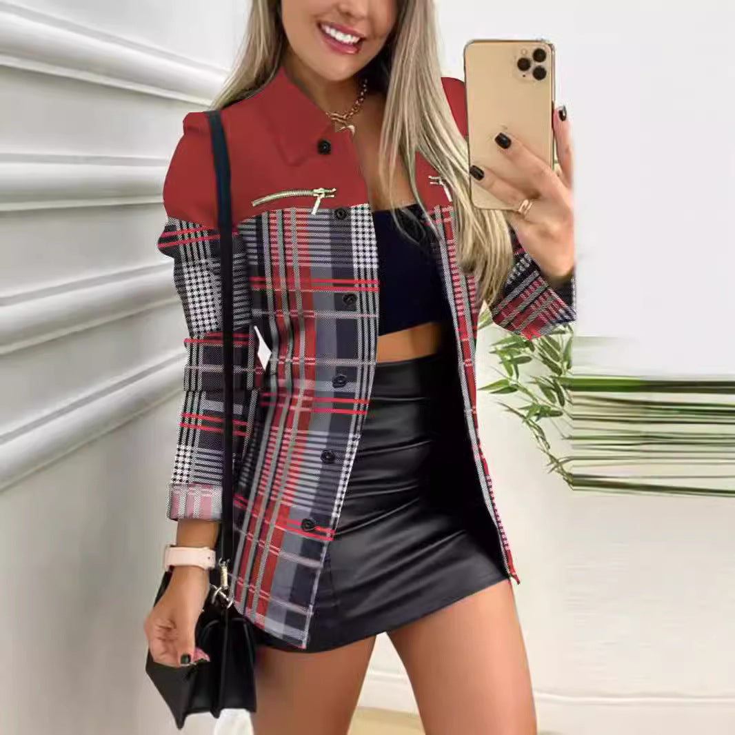 Damen nan gemusterter Blazer mit geometrischem Print, Reißverschlusstasche und durchgehender Knopfleiste