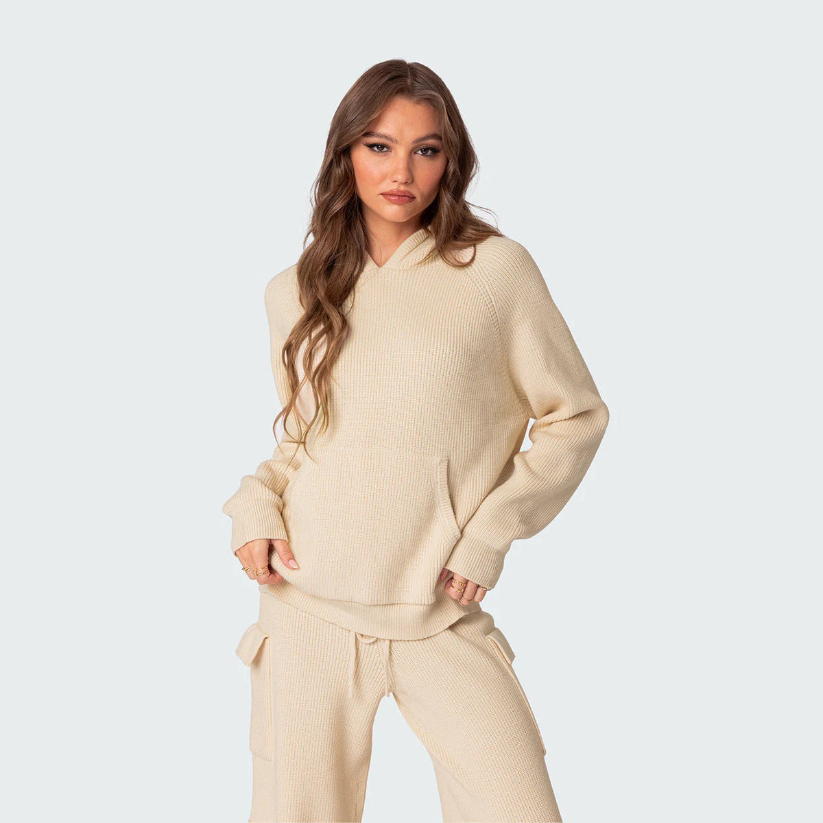 Damen nan gerippter Kapuzenpullover aus Feinstrick mit Kängurutasche und relaxed Fit