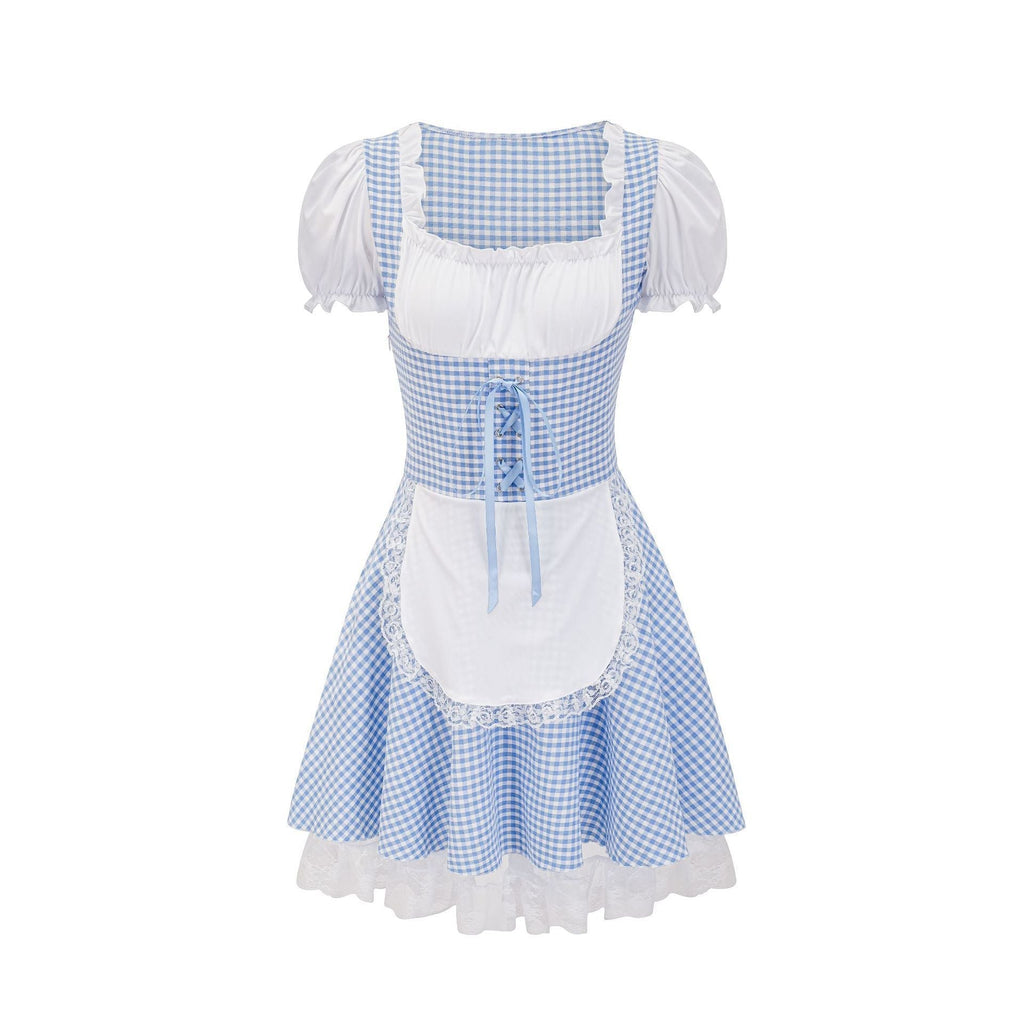Damen nan Trachtenkleid im Vichy-Stil mit Puffärmeln, Schnürkorsett und Spitzenschürze