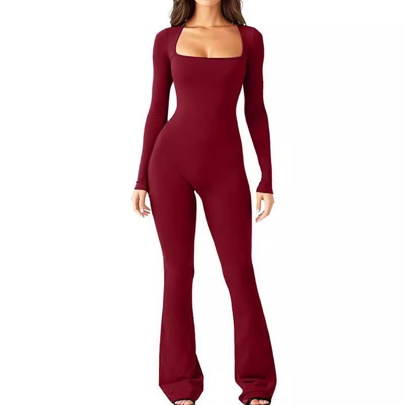 Damen nan figurbetonter Langarm-Jumpsuit mit quadratischem Ausschnitt und ausgestellter Schlaghose