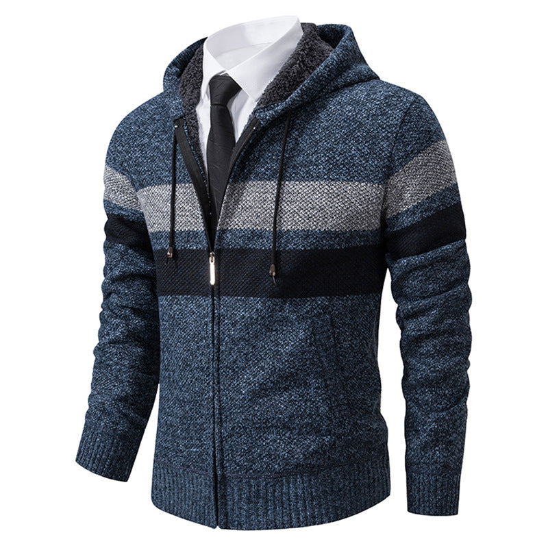 Herren nan gefütterte Kapuzen-Strickjacke mit Teddyfutter, durchgehendem Reißverschluss und kontrastierenden Streifen
