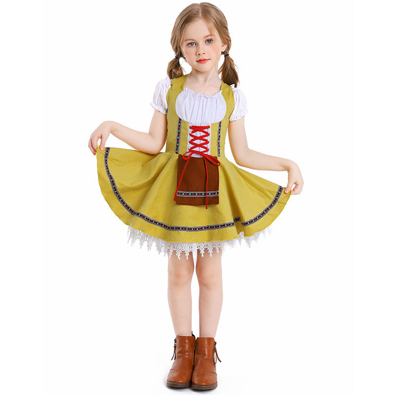 Damen nan traditionelles Kinderdirndl mit Schnürmieder, Spitzenunterrock und dekorativer Schürze