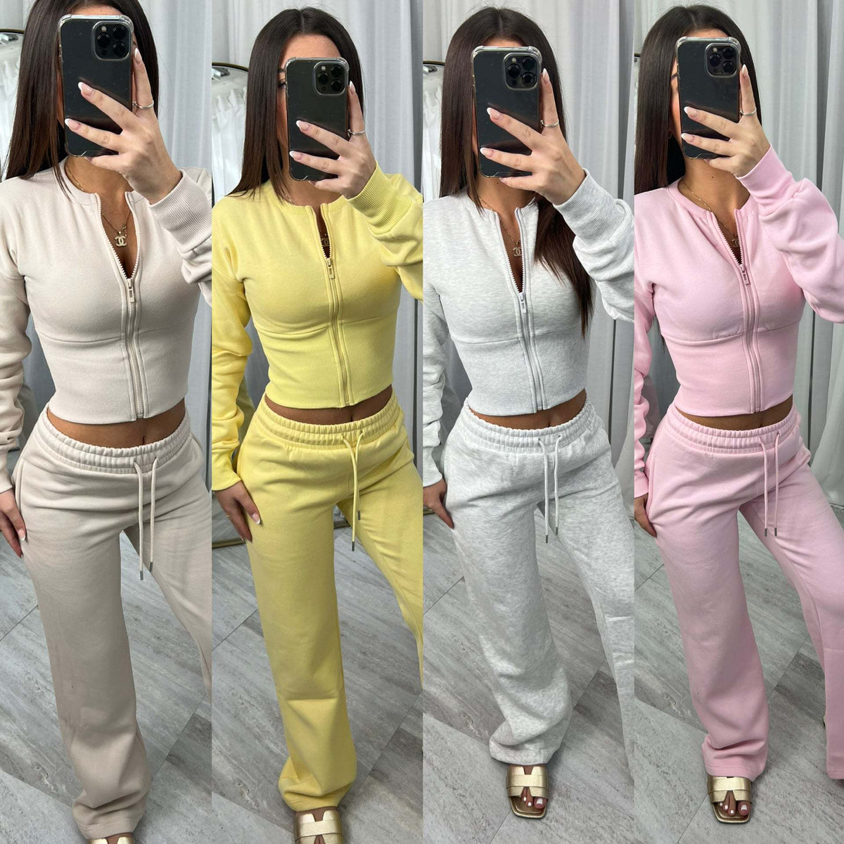 Damen nan kurzes Zip-Cropped-Shirt mit formendem Bund und breite Relax-Sweatpants mit Tunnelzug