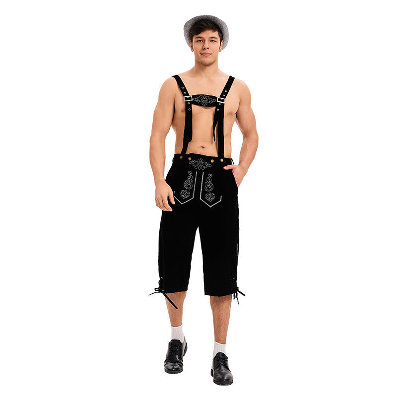 Herren nan knielange traditionelle Lederhose mit besticktem Brustlatz und verstellbaren Trägern