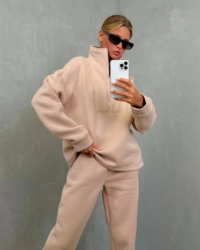 Damen nan weiches Oversize-Halbzip-Loungewear-Set mit hohem Stehkragen und taillierter Jogginghose