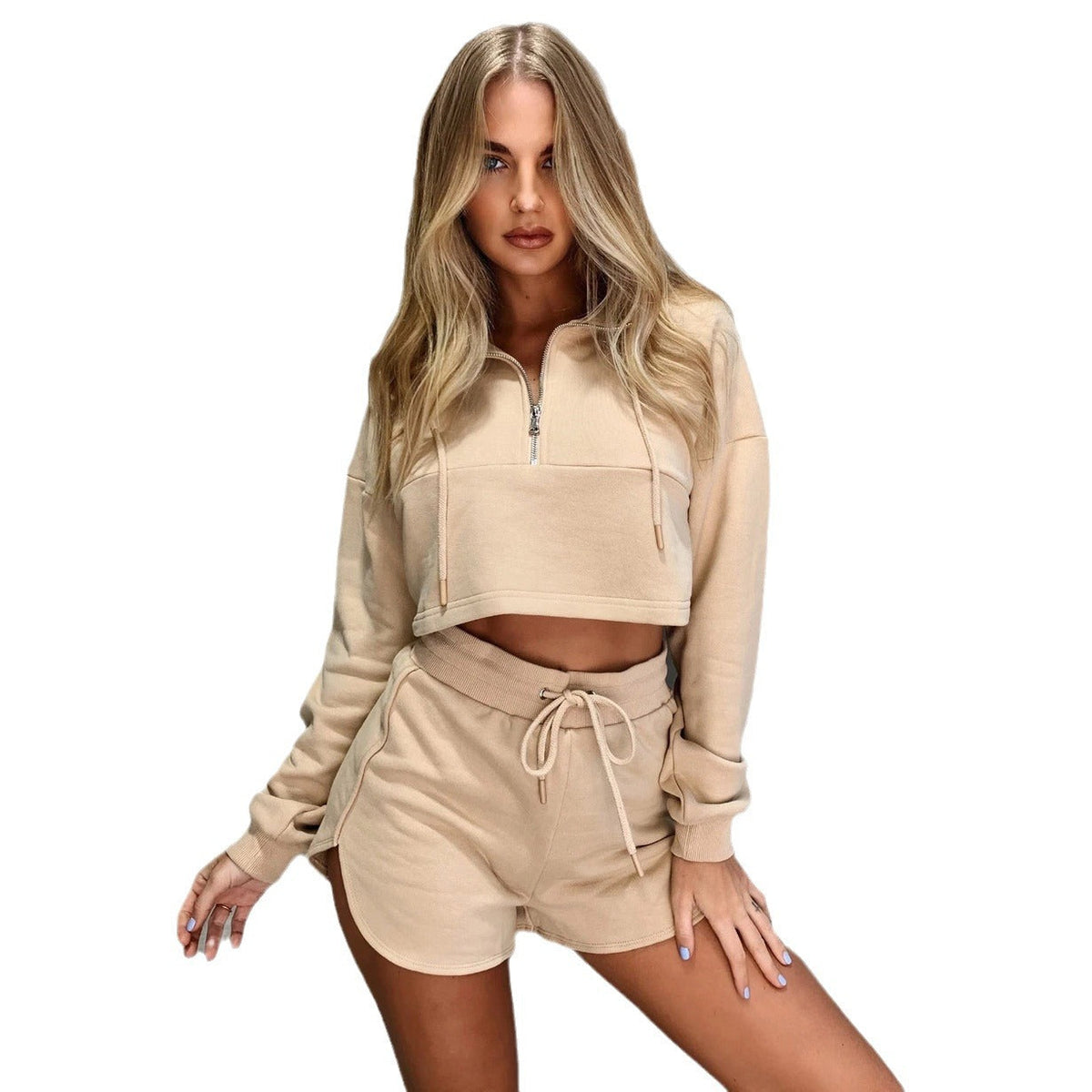 Damen nan kurz geschnittenes Kapuzenpullover-Set mit bauchfreiem Schnitt und elastischen Sweatshorts