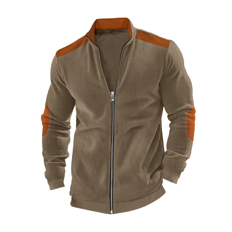 Herren nan Stehkragen-Sweatjacke mit feiner Rippstruktur, Ellbogen-Patches und kontrastierenden Schulterdetails
