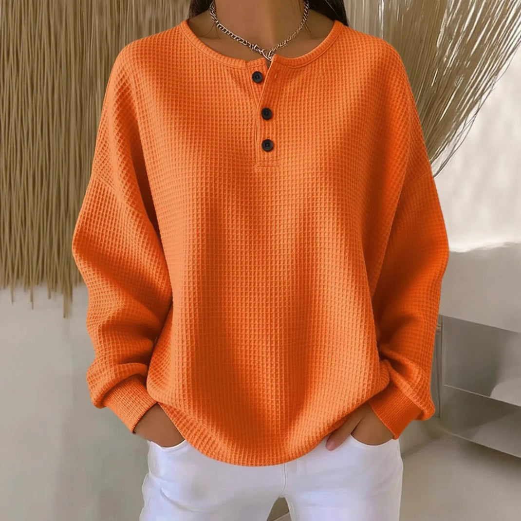 Damen nan Oversized Waffelstrick Henley-Pullover mit Knopfleiste und abgerundetem Saum