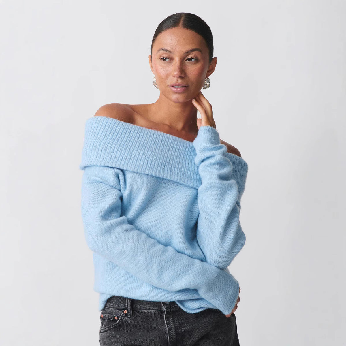 Damen nan Off-Shoulder Grobstrickpullover mit breitem Umschlagkragen und lässiger Oversize-Passform