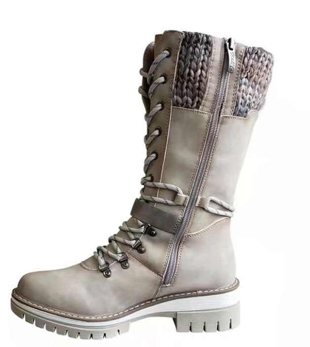 Damen nan hoher Schnürstiefel mit Strickbündchen, robuster Profilsohle und seitlichem Reißverschluss