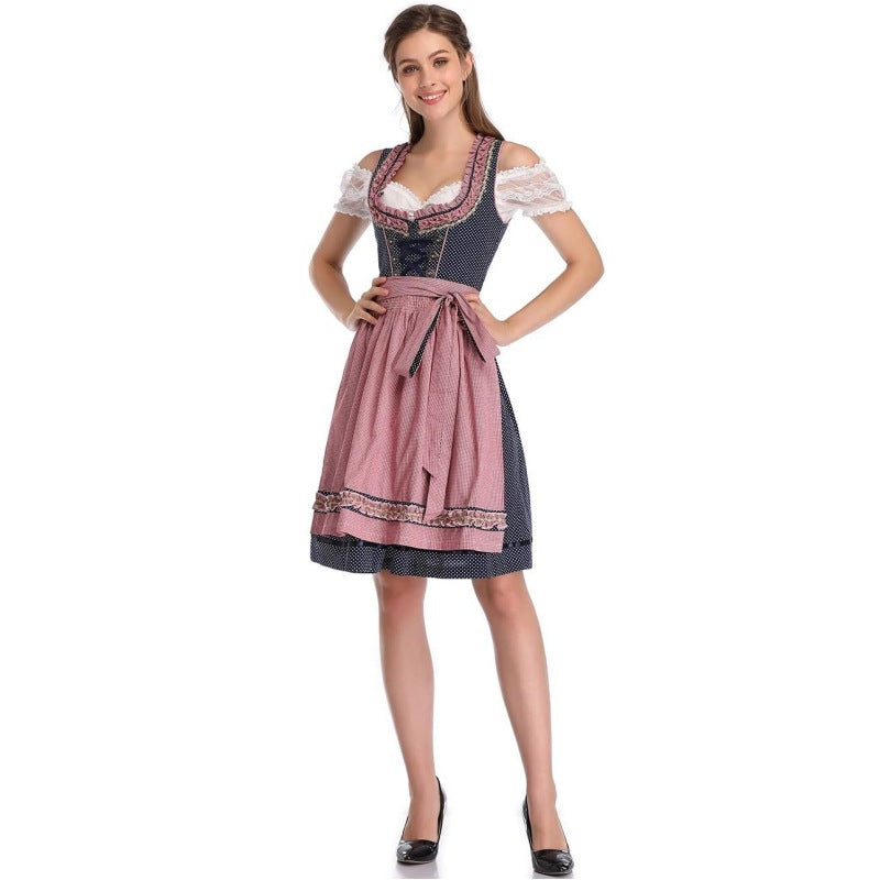 Damen nan traditionelles Dirndlkleid mit Herzausschnitt, korsettähnlicher Schnürung und kariertem Schürzenrock