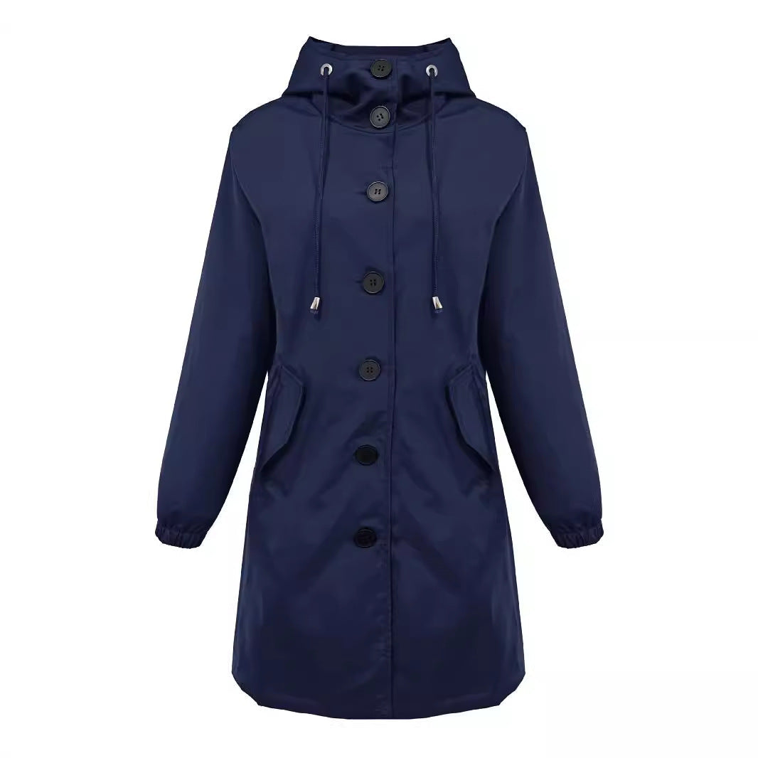 Damen nan leichter Regenparka mit Kapuze, überlanger Knopfleiste, Tunnelzug und aufgesetzten Taschen