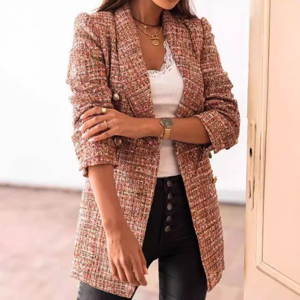 Damen nan taillierter kariert langer Blazer mit Doppelreiher und Schulterpolstern
