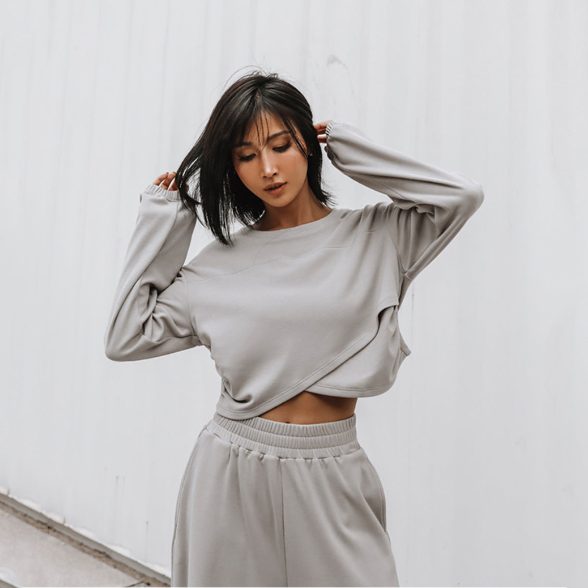 Damen nan weites Lounge-Hosen-Set mit hohem Komfortbund und kurzem Sweatshirt