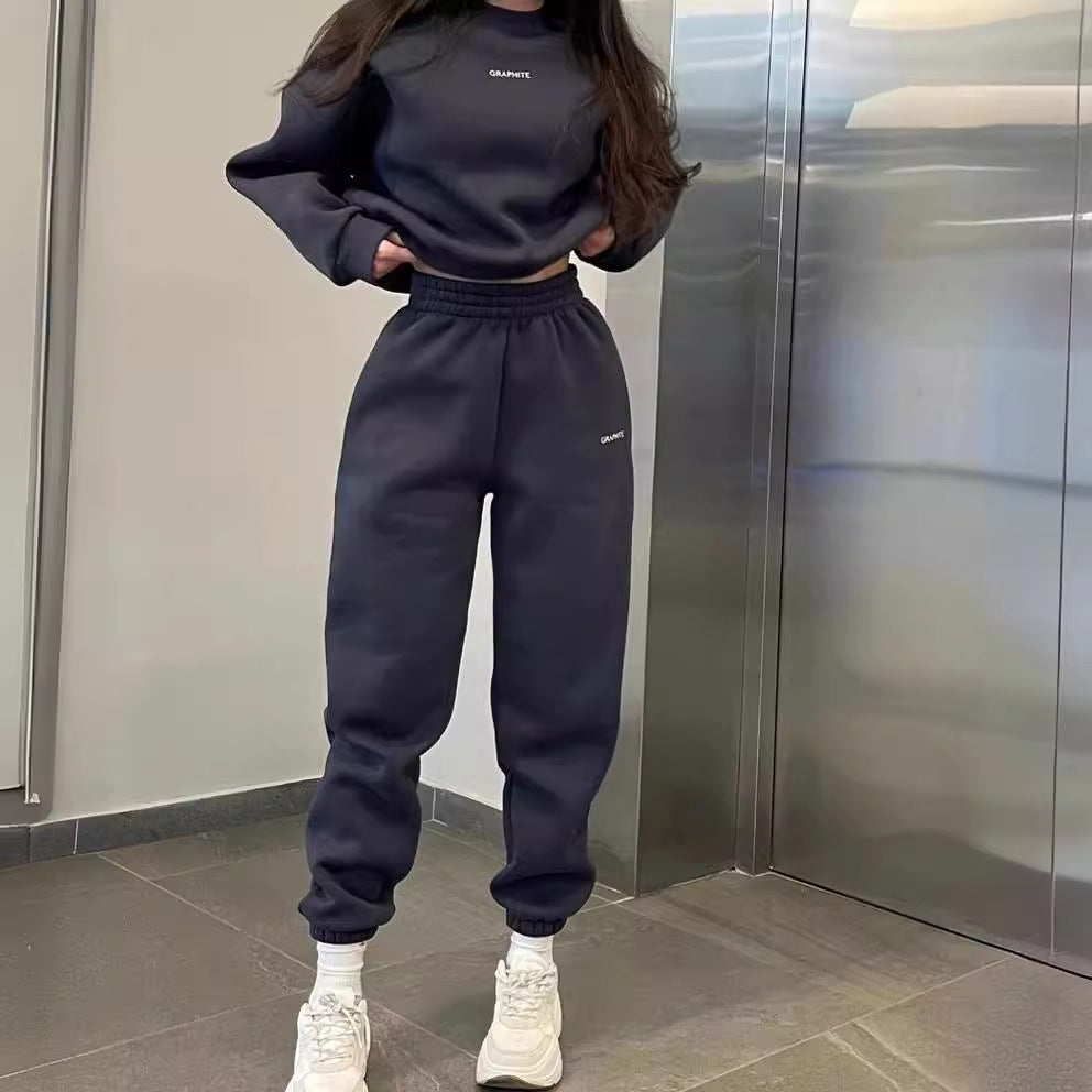 Damen nan Oversized kurz geschnittenes Sweatshirt mit High Waist Fleece Jogginghose Set