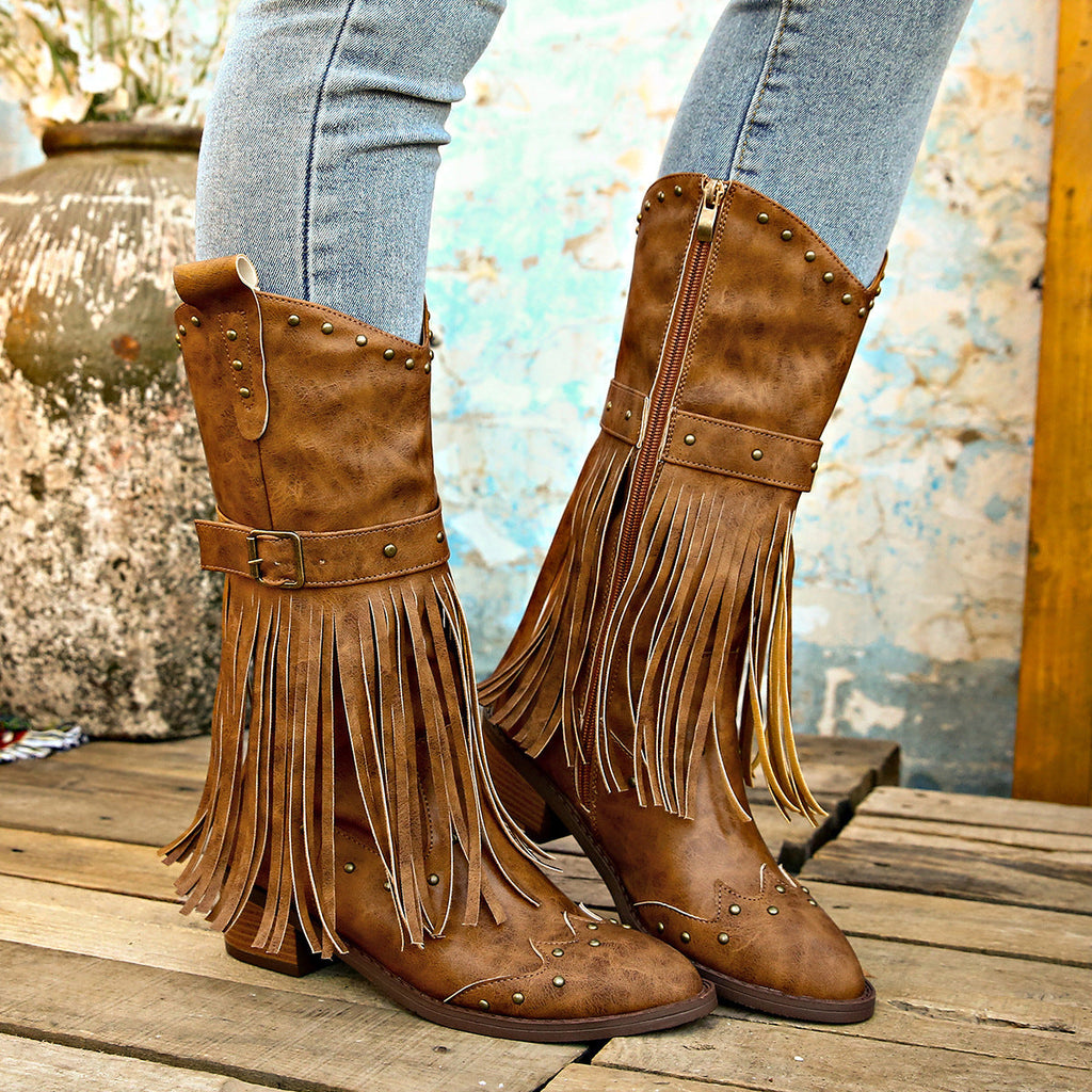 Damen nan Westernstiefel mit Fransen Nieten und Schnallenriemen