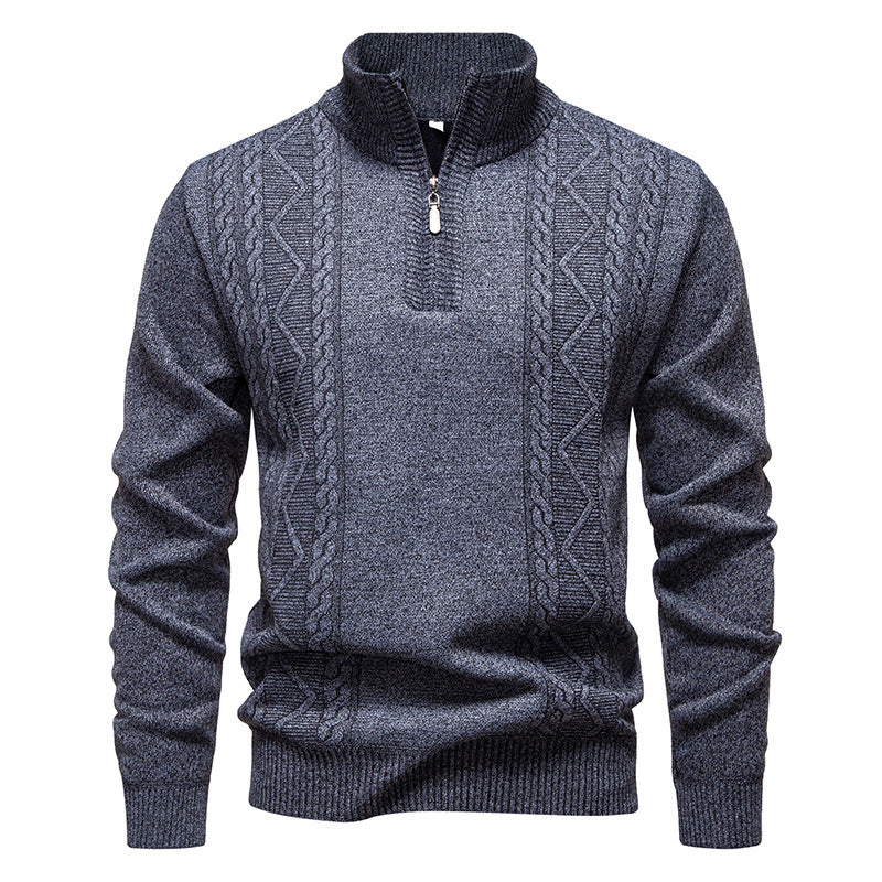 Herren nan gehobener Strickpullover mit Halbzip, Stehkragen und dekorativem Zopfmuster