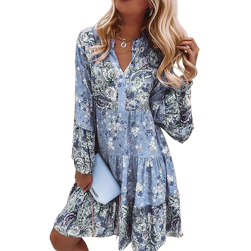 Damen nan leichtes Stufen-Babydollkleid mit V-Ausschnitt und Ballonärmeln
