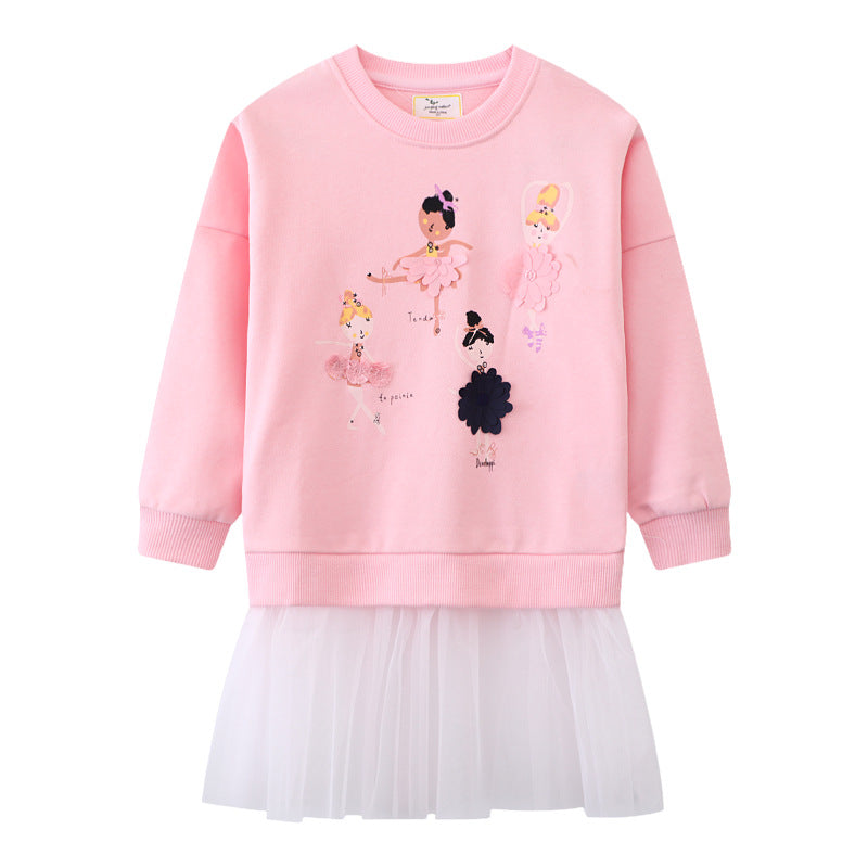 Mädchen Sweatshirt mit Tüllrock und bunten Ballerina-Applikationen