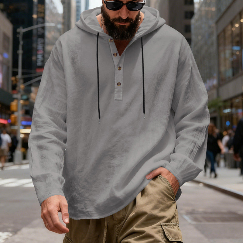 Herren nan Henley-Kapuzenpullover mit Knopfleiste und verstellbarem Kordelzug