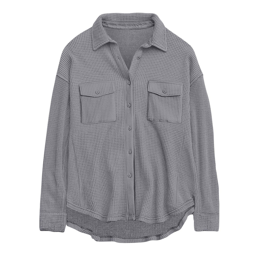 Damen nan oversized Waffelstrick Hemdjacke mit Brusttaschen und Knopfleiste