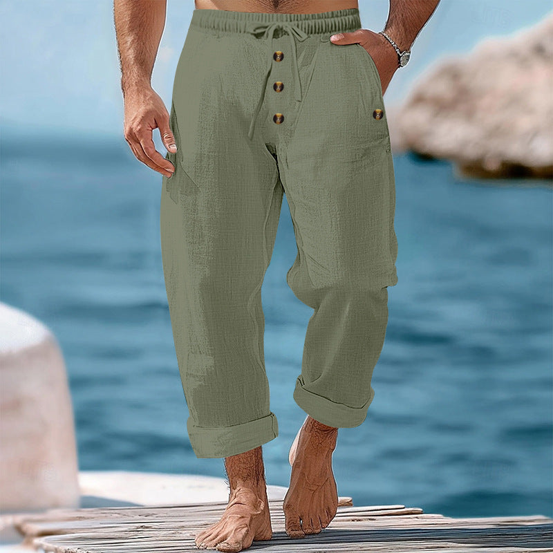 Herren nan lässige atmungsaktive Leinenhose mit Kordelzug Knopfleiste und aufgerollten Bündchen