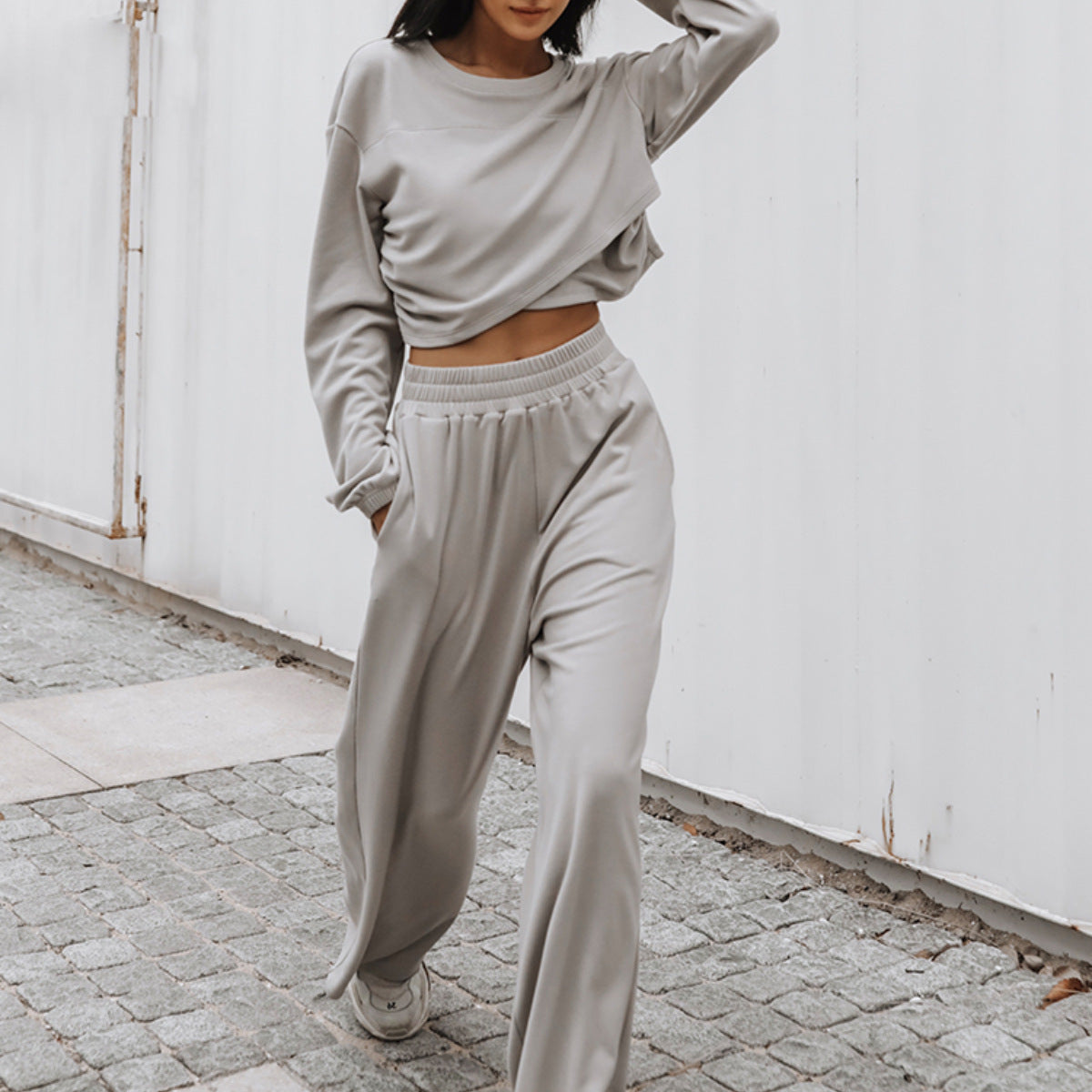 Damen nan weites Lounge-Hosen-Set mit hohem Komfortbund und kurzem Sweatshirt